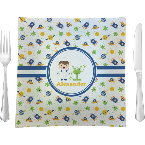 Custom Boy's Space Themed Glass Square Lunch / Dinner Plate 9.5" (Personalized)