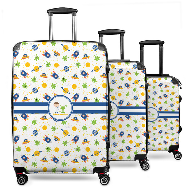 Custom Boy's Space Themed 3 Piece Luggage Set - 20" Carry On, 24" Medium Checked, 28" Large Checked (Personalized)