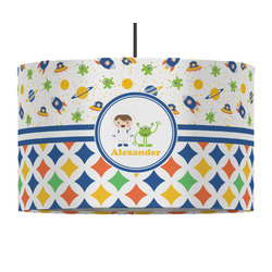 Boy's Space & Geometric Print 12" Drum Pendant Lamp - Fabric (Personalized)