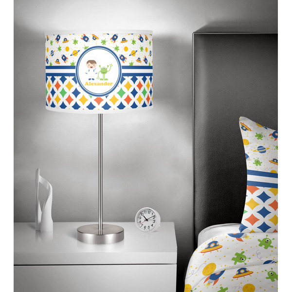 Boy's Space & Geometric Print 13 inch drum lamp shade - in room