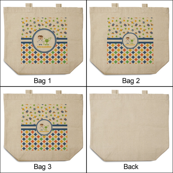 Boy's Space & Geometric Print 3 Reusable Cotton Grocery Bags - Front & Back View