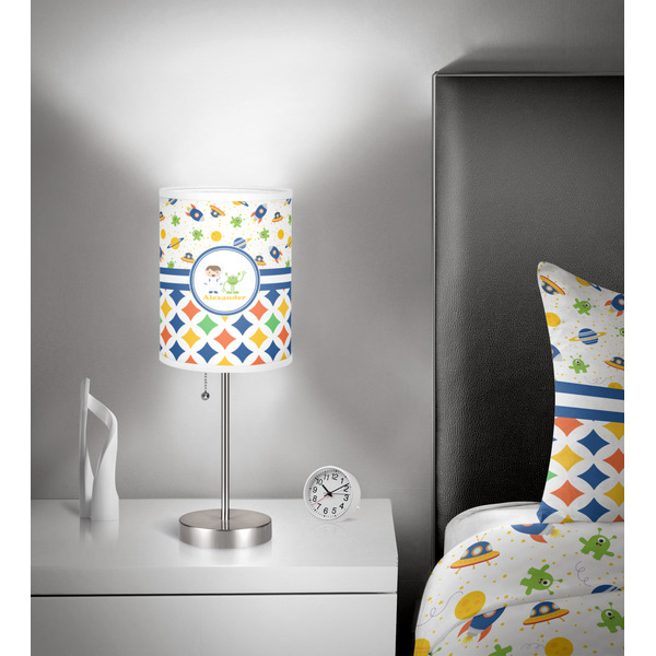 Boy's Space & Geometric Print 7 inch drum lamp shade - in room