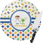 Boy's Space & Geometric Print Round Glass Cutting Board - Small (Personalized)
