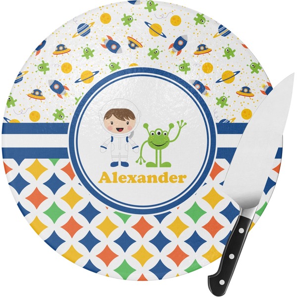 Custom Boy's Space & Geometric Print Round Glass Cutting Board - Small (Personalized)