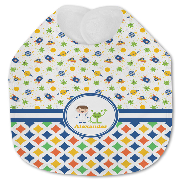 Custom Boy's Space & Geometric Print Jersey Knit Baby Bib w/ Name or Text