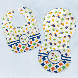 Boy's Space & Geometric Print Baby Bib & Burp Set w/ Name or Text