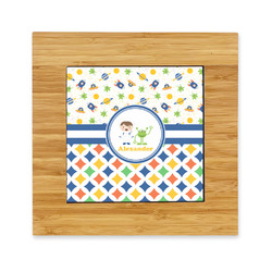 Boy's Space & Geometric Print Bamboo Trivet with Ceramic Tile Insert (Personalized)