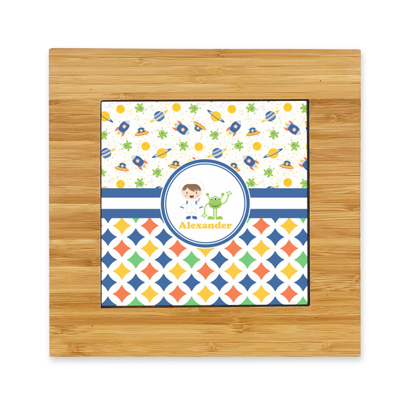 Custom Boy's Space & Geometric Print Bamboo Trivet with Ceramic Tile Insert (Personalized)
