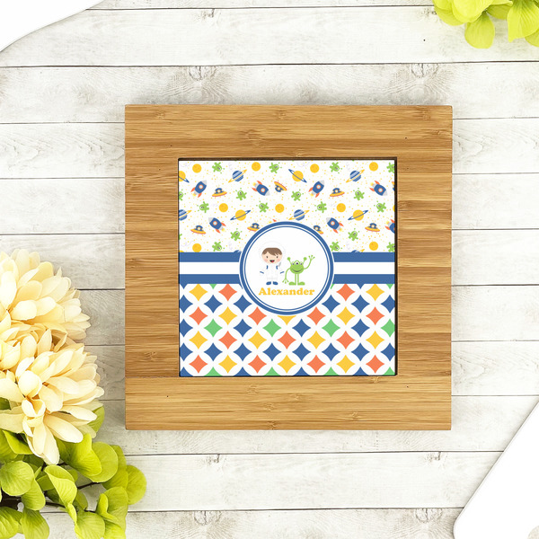 Boy's Space & Geometric Print Bamboo Trivet with 6" Tile - LIFESTYLE