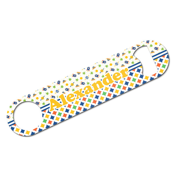 Custom Boy's Space & Geometric Print Bar Bottle Opener - White w/ Name or Text