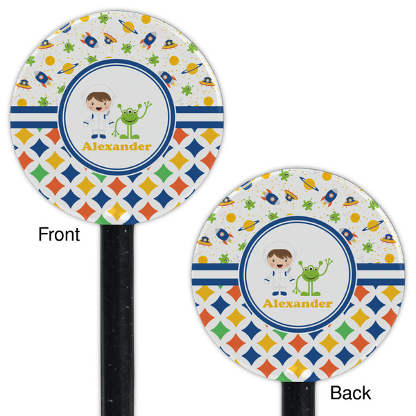 Boy's Space & Geometric Print Black Plastic 5.5" Stir Stick - Double Sided - Round - Front & Back