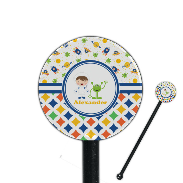 Custom Boy's Space & Geometric Print 5.5" Round Plastic Stir Sticks - Black - Single Sided (Personalized)