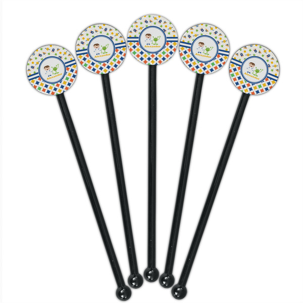 Boy's Space & Geometric Print Black Plastic 5.5" Stir Stick - Round - Fan View