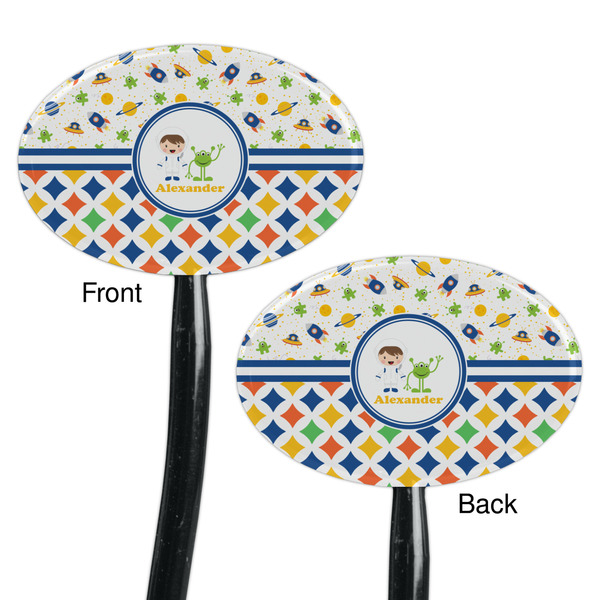 Boy's Space & Geometric Print Black Plastic 7" Stir Stick - Double Sided - Oval - Front & Back
