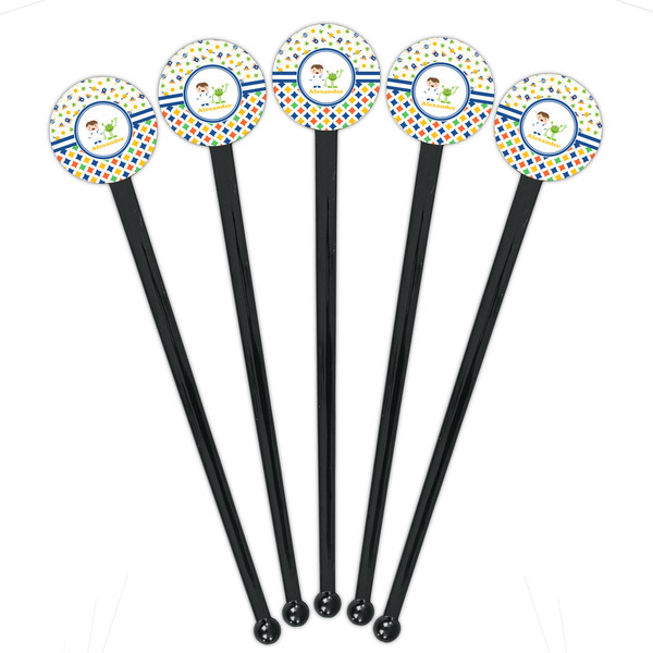 Boy's Space & Geometric Print Black Plastic 7" Stir Stick - Round - Fan View