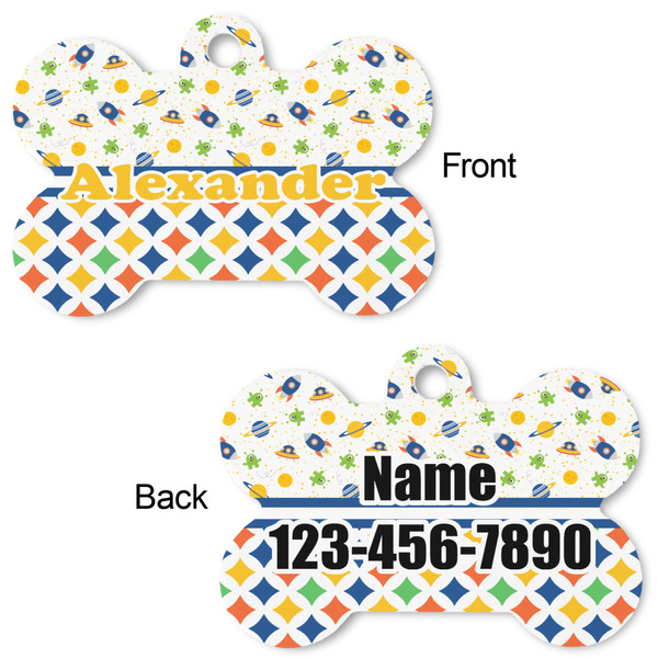 Boy's Space & Geometric Print Bone Shaped Dog Tag - Front & Back