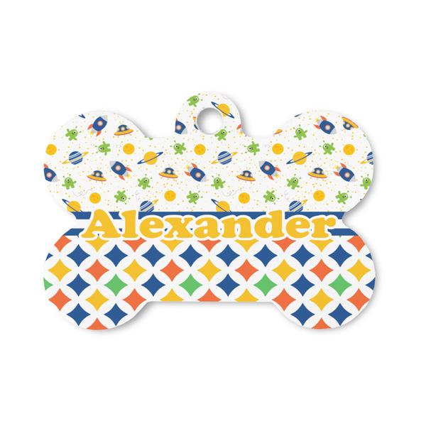 Custom Boy's Space & Geometric Print Bone Shaped Dog ID Tag - Small (Personalized)