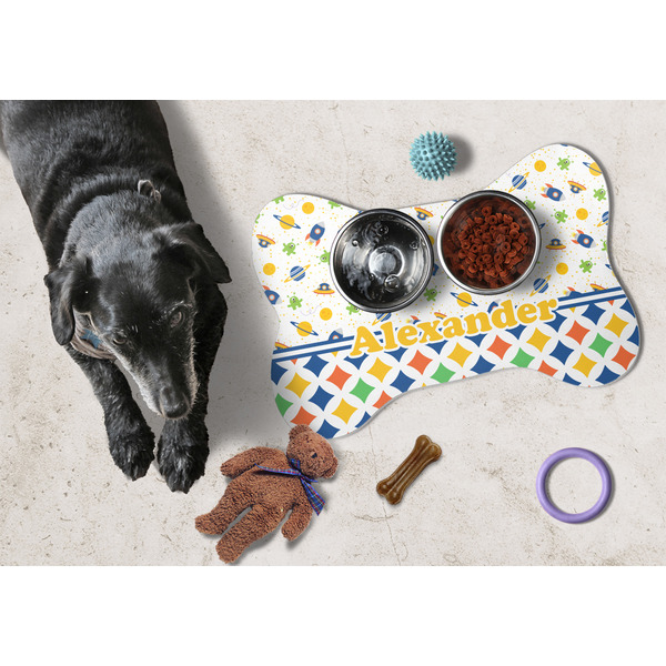 Boy's Space & Geometric Print Bone Shaped Mat w/ Food & Water