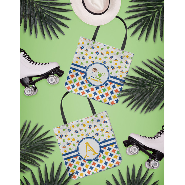 Boy's Space & Geometric Print Canvas Tote Lifestyle Front and Back- 13x13