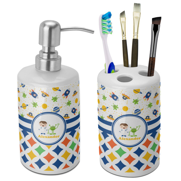 Custom Boy's Space & Geometric Print Ceramic Bathroom Accessories Set (Personalized)