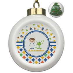 Boy's Space & Geometric Print Ceramic Ball Ornament - Christmas Tree (Personalized)