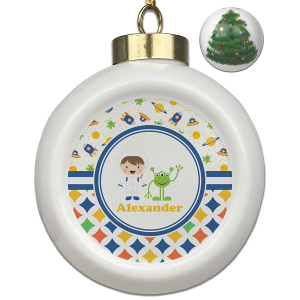 Custom Boy's Space & Geometric Print Ceramic Ball Ornament - Christmas Tree (Personalized)
