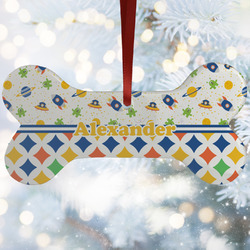 Boy's Space & Geometric Print Ceramic Dog Ornament w/ Name or Text