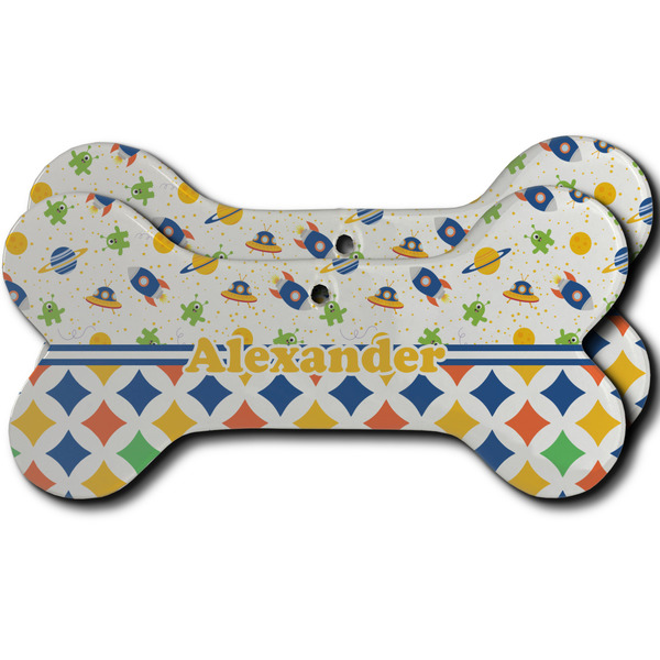 Custom Boy's Space & Geometric Print Ceramic Dog Ornament - Front & Back w/ Name or Text