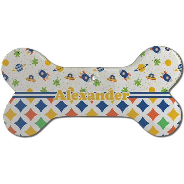Custom Boy's Space & Geometric Print Ceramic Dog Ornament - Front w/ Name or Text