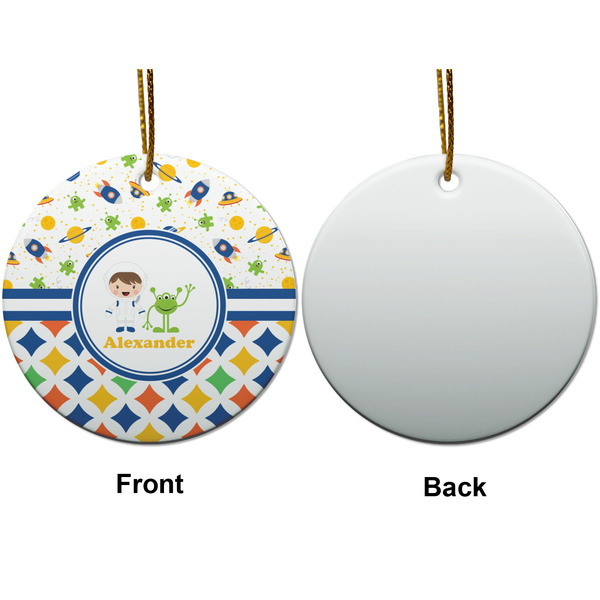 Boy's Space & Geometric Print Ceramic Flat Ornament - Circle Front & Back (APPROVAL)