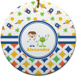Boy's Space & Geometric Print Round Ceramic Ornament w/ Name or Text
