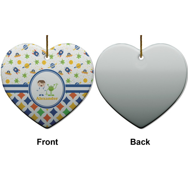 Boy's Space & Geometric Print Ceramic Flat Ornament - Heart Front & Back (APPROVAL)