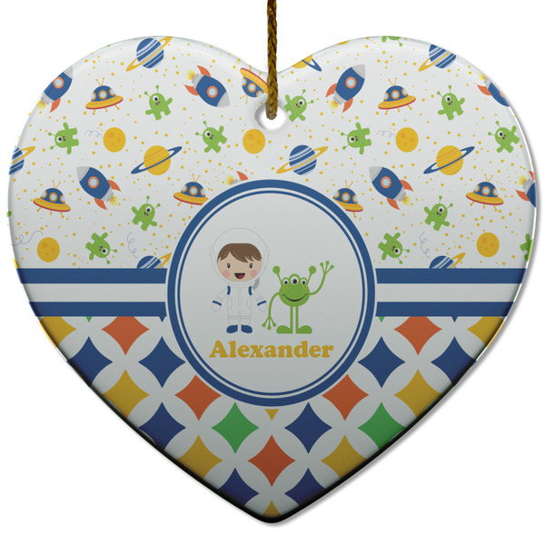 Custom Boy's Space & Geometric Print Heart Ceramic Ornament w/ Name or Text