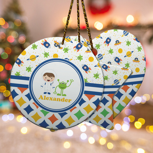 Custom Boy's Space & Geometric Print Ceramic Ornament w/ Name or Text