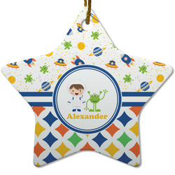 Boy's Space & Geometric Print Star Ceramic Ornament w/ Name or Text