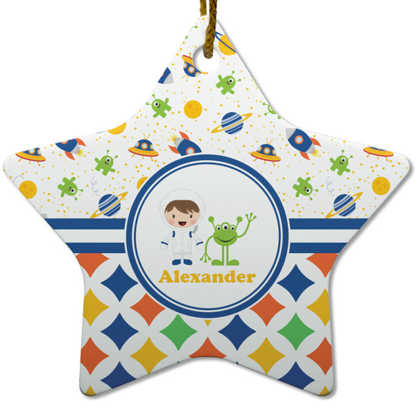 Custom Boy's Space & Geometric Print Star Ceramic Ornament w/ Name or Text