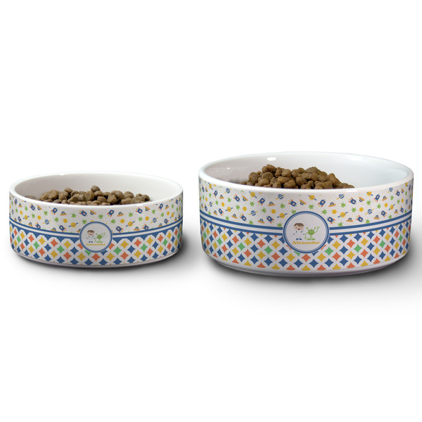 Boy's Space & Geometric Print Ceramic Dog Bowls - Size Comparison