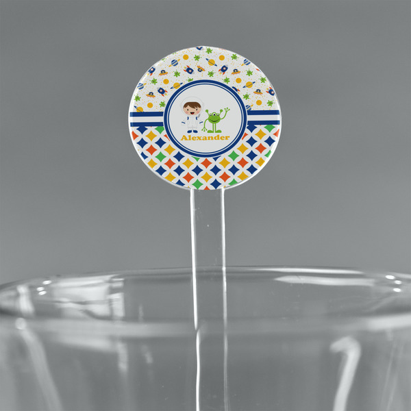 Custom Boy's Space & Geometric Print 7" Round Plastic Stir Sticks - Clear (Personalized)