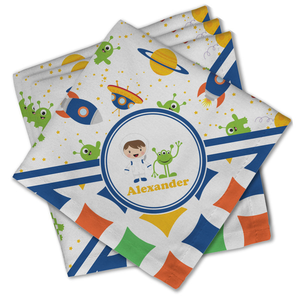 Custom Boy's Space & Geometric Print Cloth Cocktail Napkins - Set of 4 w/ Name or Text