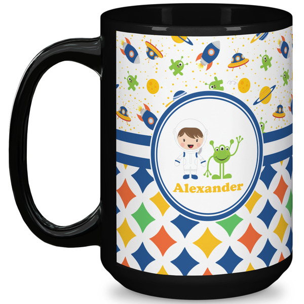 Custom Boy's Space & Geometric Print 15 Oz Coffee Mug - Black (Personalized)