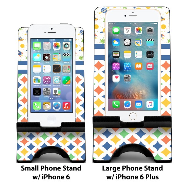 Boy's Space & Geometric Print Compare Phone Stand Sizes - with iPhones