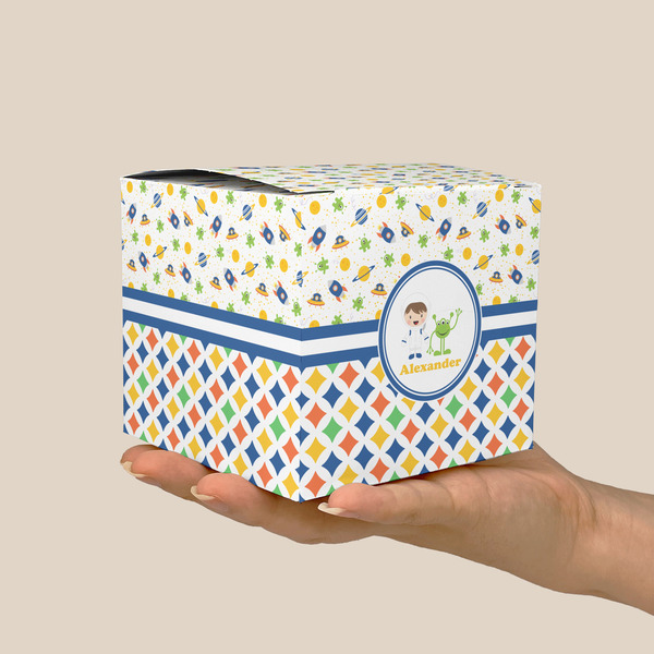 Boy's Space & Geometric Print Cube Favor Gift Box - On Hand - Scale View