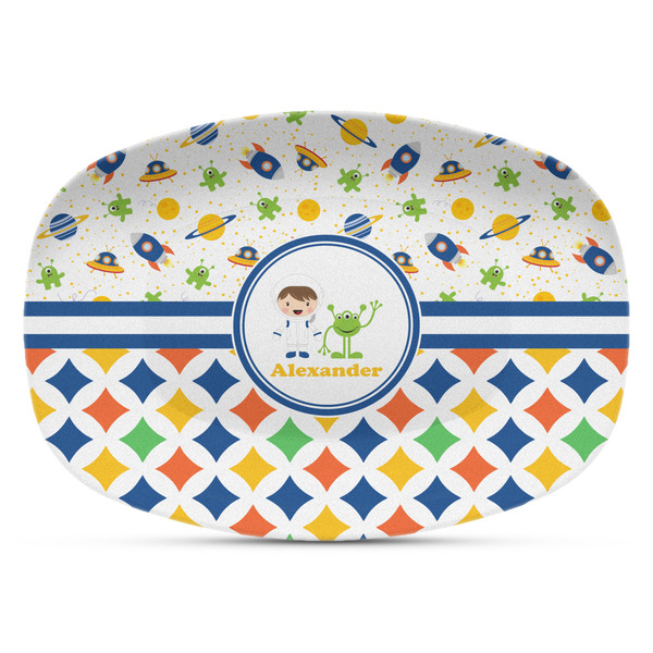 Custom Boy's Space & Geometric Print Plastic Platter - Microwave & Oven Safe Composite Polymer (Personalized)
