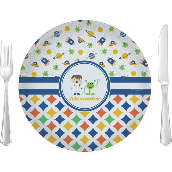 Custom Boy's Space & Geometric Print 10" Glass Lunch / Dinner Plates - Single or Set (Personalized)