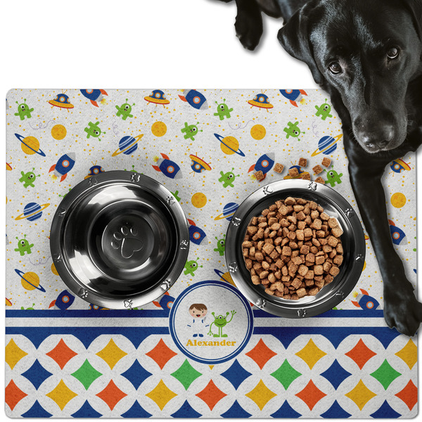 Boy's Space & Geometric Print Dog Food Mat - Large LIFESTYLE