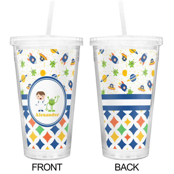 Boy's Space & Geometric Print Double Wall Tumbler with Straw - Approval