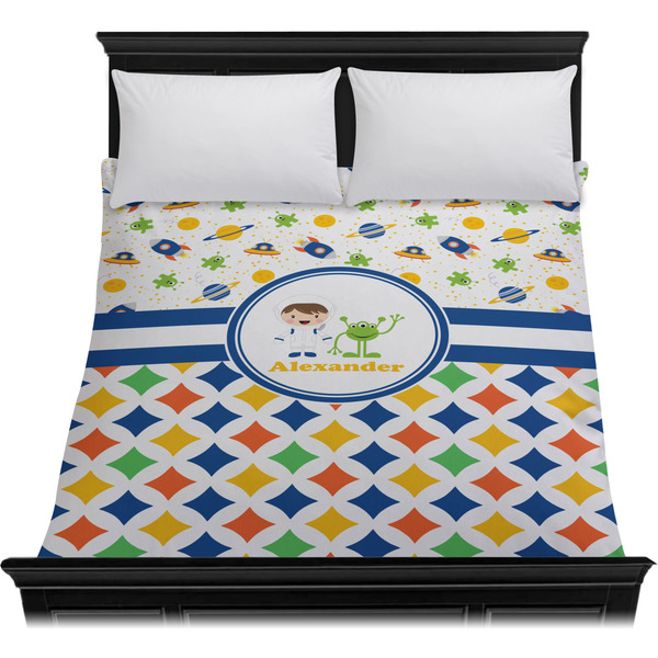 Boy's Space & Geometric Print Duvet Cover - Queen - On Bed - No Prop