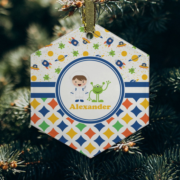 Boy's Space & Geometric Print Frosted Glass Ornament - Hexagon (Lifestyle)