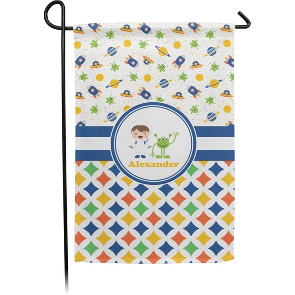 Custom Boy's Space & Geometric Print Small Garden Flag - Double Sided w/ Name or Text