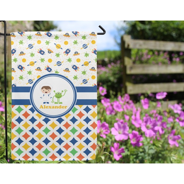 Boy's Space & Geometric Print Garden Flag - Outside In Flowers
